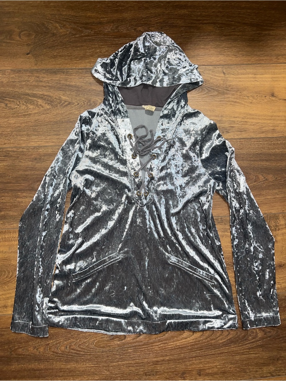 gimmicks by BKE Blue/Silver Crushed Velvet Lace-Up Hooded Top